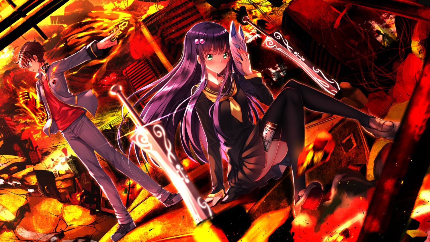 Swordsouls Sousei No Onmyouji Adashino Benio Enmadou Rokuro Seifuku Sword Thighhighs Wallpaper